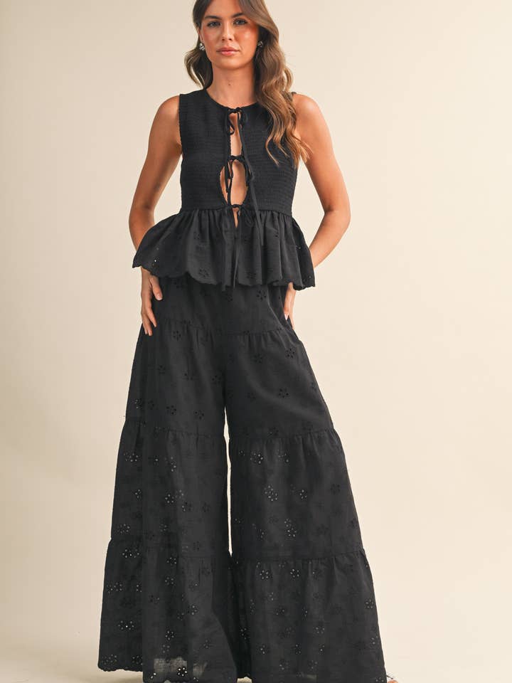 IST5816-F EYELET SMOCKED PEPLUM TOP TIERED WIDE LEG PANTS for wholesale by Klesis