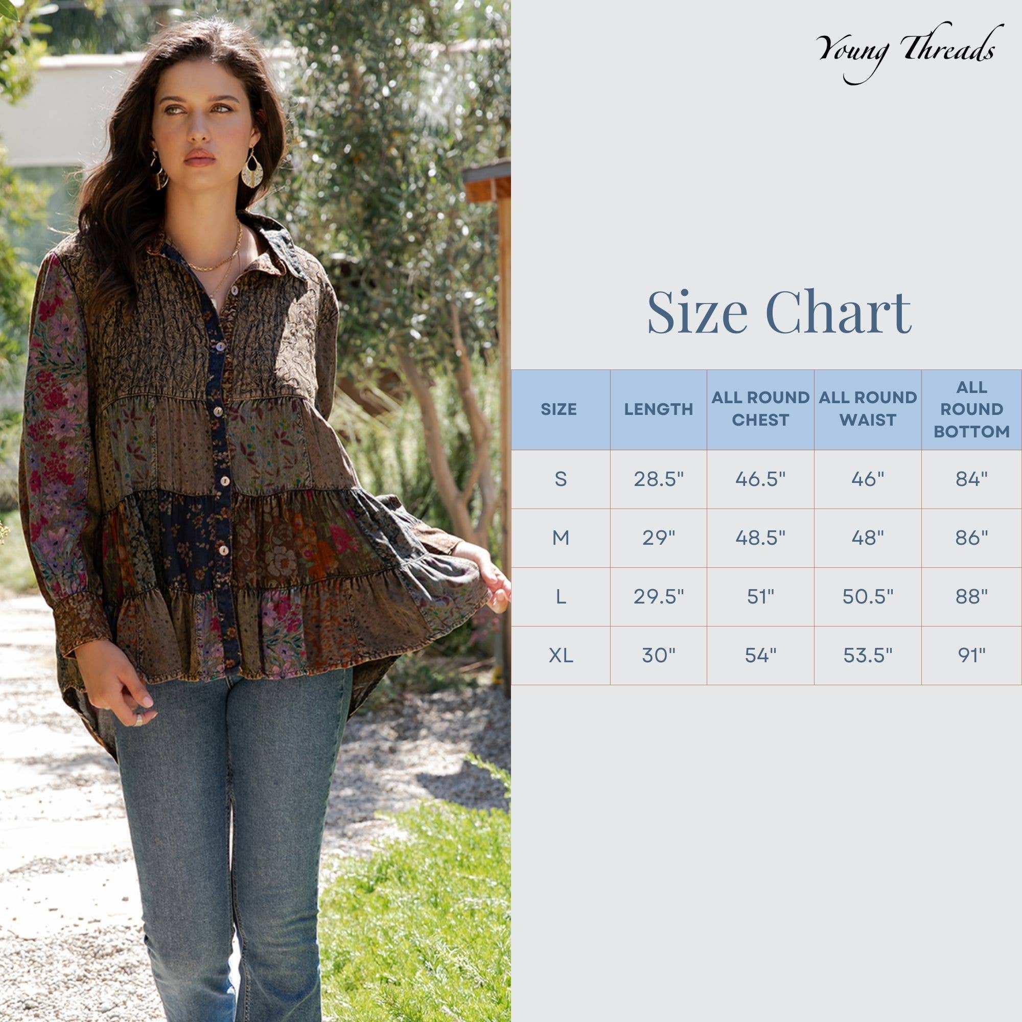 Amber Front-Open Boho Shirt with Quilted Emb & Rayon Tiers for wholesale on Faire7