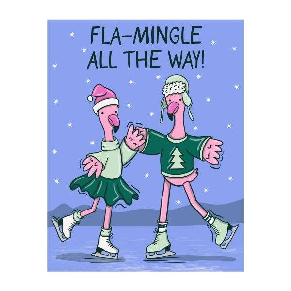 Funny Flamingo Christmas Card Fla-Mingle All the Way Holiday for wholesale by Mollie Hendrick Design