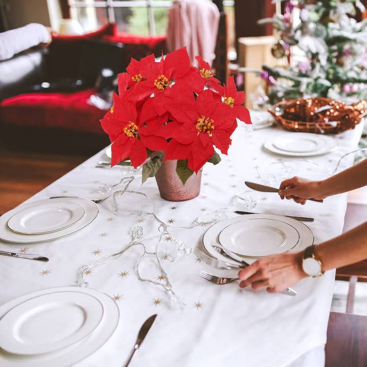 Larksilk – wholesale Konstgjorda blommor – Röd sammet julstjärna buske, 7 sidenblommor, 20 tum, set om 2