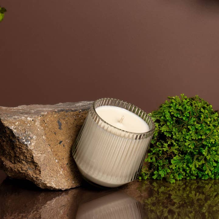 *Earthy Scents* Ribbed Retro Style Soy Candle - Clear for wholesale by LiveYoung Candle Company