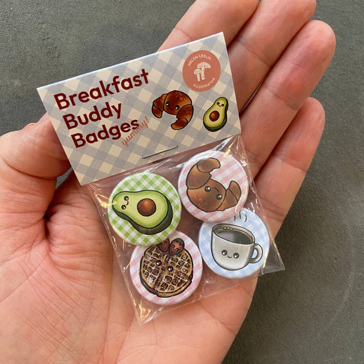 Mini button badge set - Breakfast Buddies for wholesale by Helen Leslie Illustrator