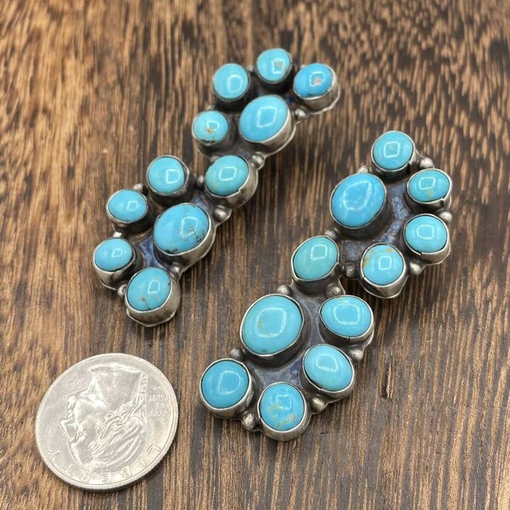 Native City Jewelry - Wholesale Dangle Earrings - Native American Sterling Silver Navajo Handmade Turquoise Post Cluster Earrings