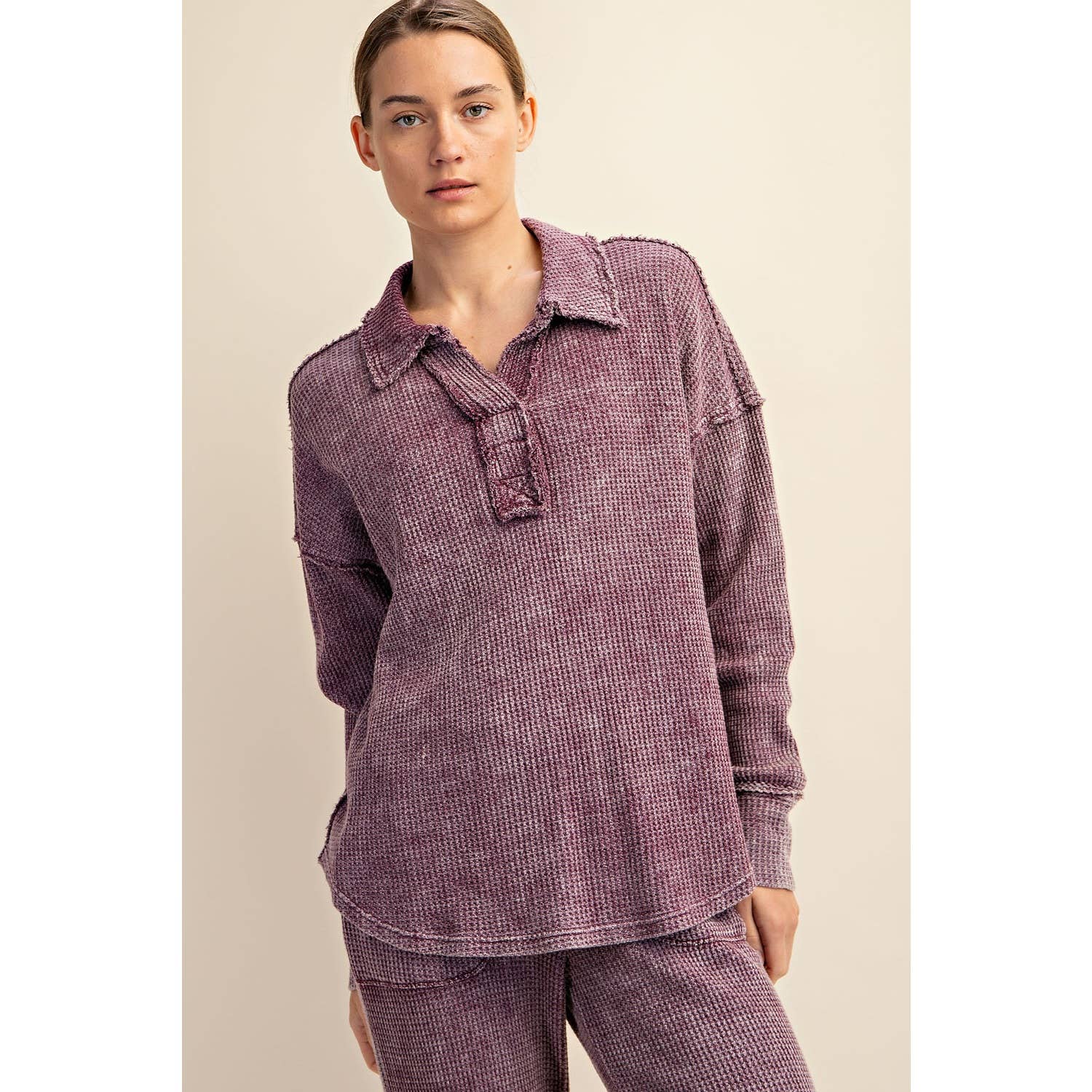 Rae Mode - Wholesale Athletic Top - Women's - MINERAL WASHED WAFFLE POLO SWEATSHIRT11