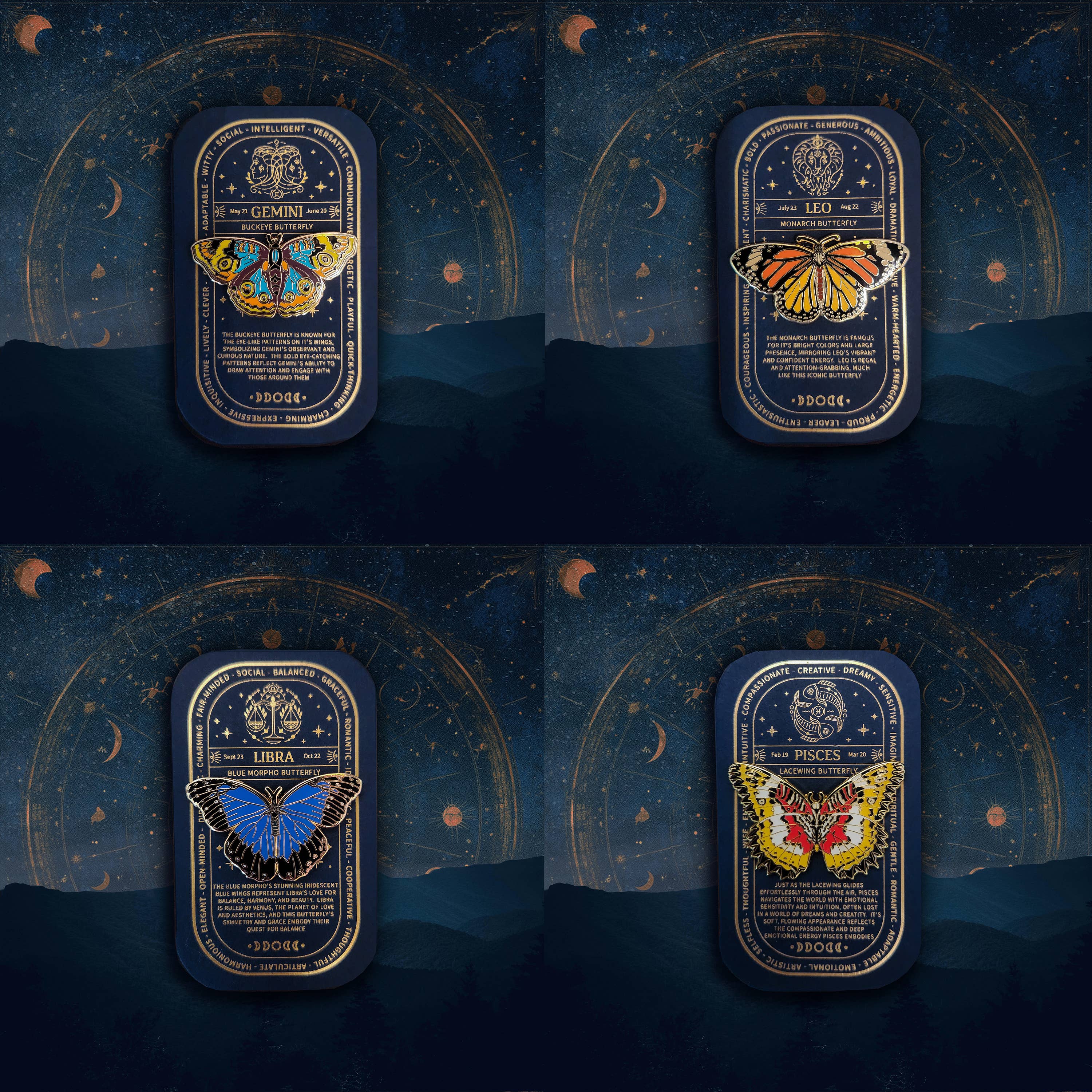 Pinsects - Vente Épinglettes/boutons - Ensemble complet de 12 pins papillons et papillons de nuit zodiacaux1