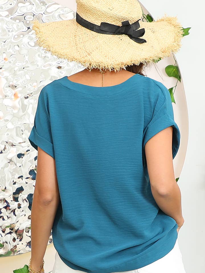 NINEXIS - Wholesale Blouse - Women's - CWTBLS190_V-NECK TRIM ROLLED SHORT SLEEVE SHIRTS BLOUSE TOP15