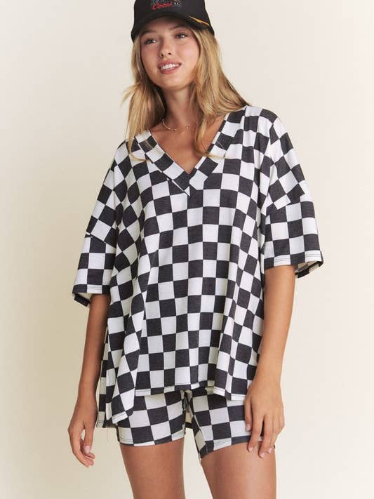 JADE BY JANE PLUS - Wholesale Lounge Set - Women's - PLUS SIZE SHORT SLV V-NECK / SHORTS CHECKERBOARD SET15