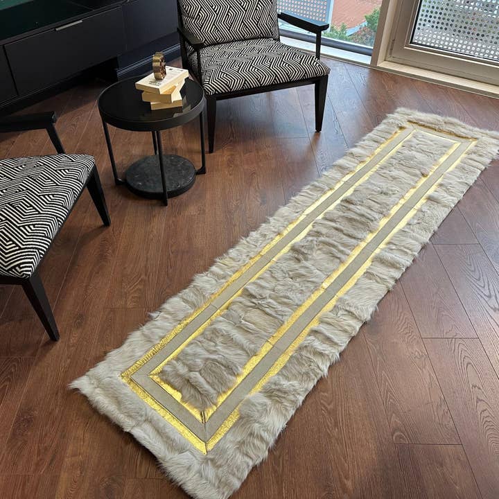 Gray Tuscan Fur Runner Rug with Gold Border, Handmade Long Custom Size Elegant Entryway Runner for wholesale by Karelias And Sons