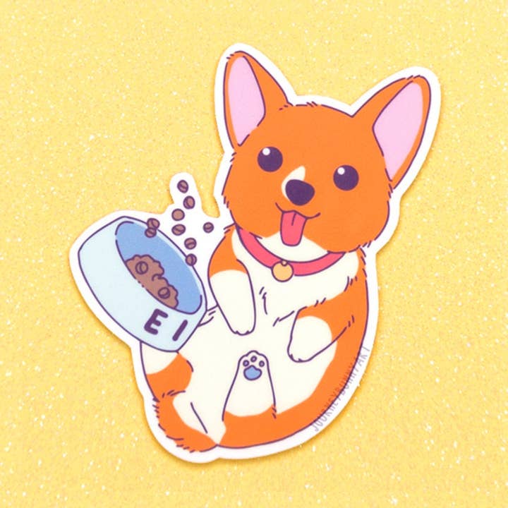 Corgi With Food Bowl Waterproof Uv-proof Vinyl Sticker for wholesale by Journeybunny