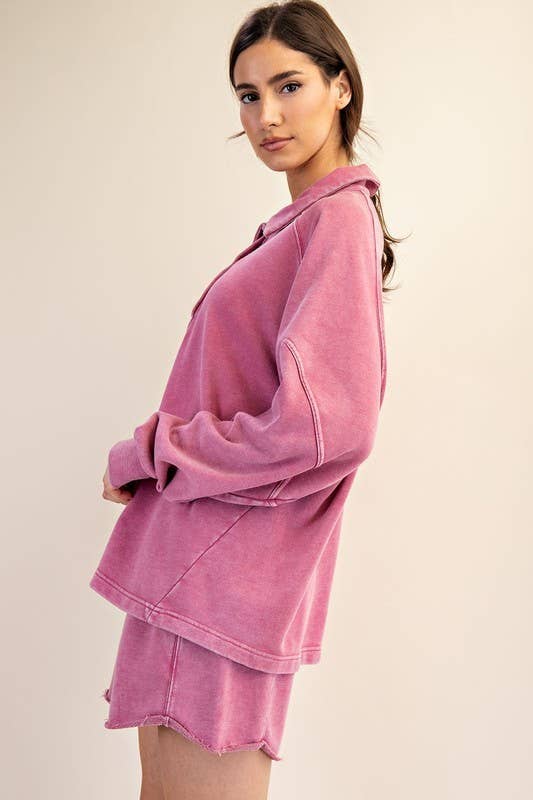 Sunday Morning - Wholesale Sweatshirt - Women's - T170037 LONG SLEEVE MINERAL WASHED POLO SWEATSHIRT1