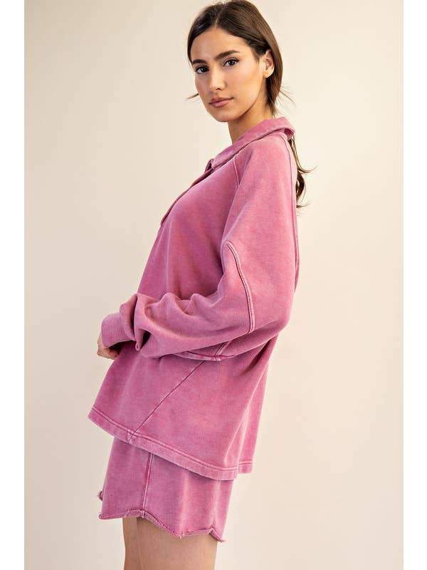 Sunday Morning - Wholesale Sweatshirt - Women's - T170037 LONG SLEEVE MINERAL WASHED POLO SWEATSHIRT1