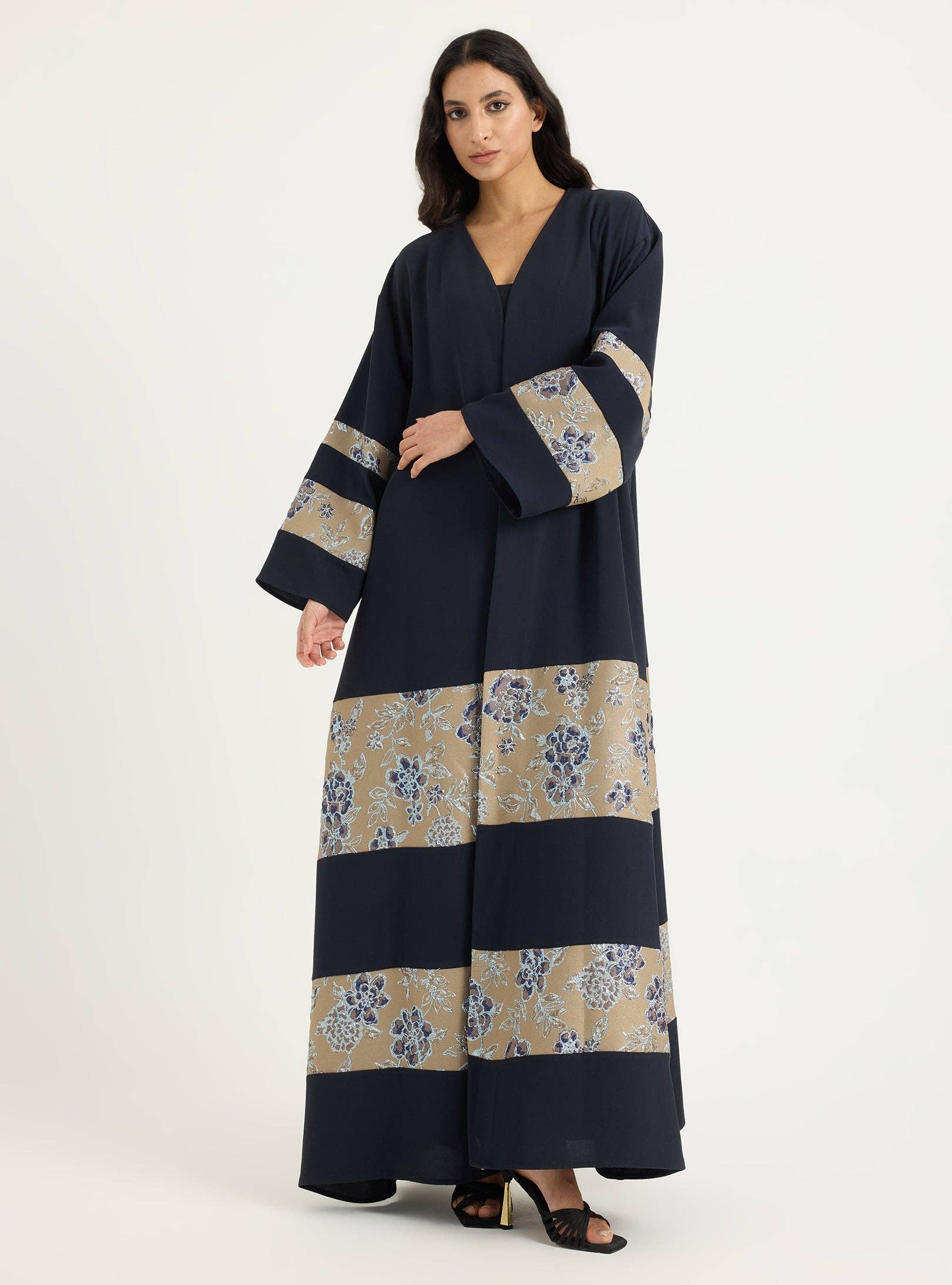 Store WF – wholesale Kaftan – Women's – Navy Flower Detailed Jacquard Abaya2
