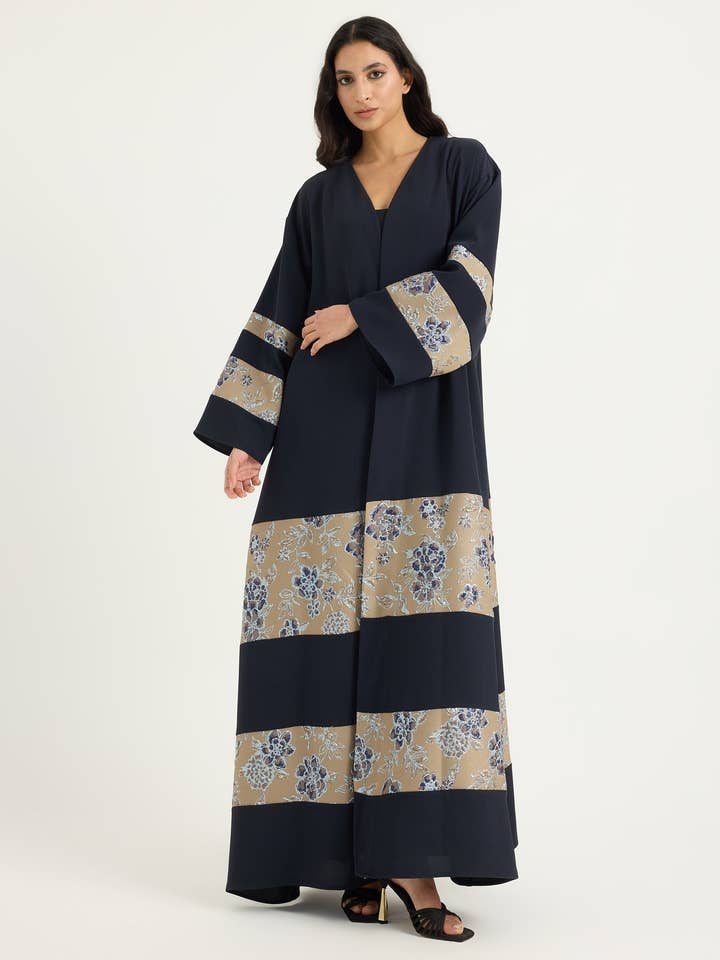 Store WF – wholesale Kaftan – Women's – Navy Flower Detailed Jacquard Abaya2