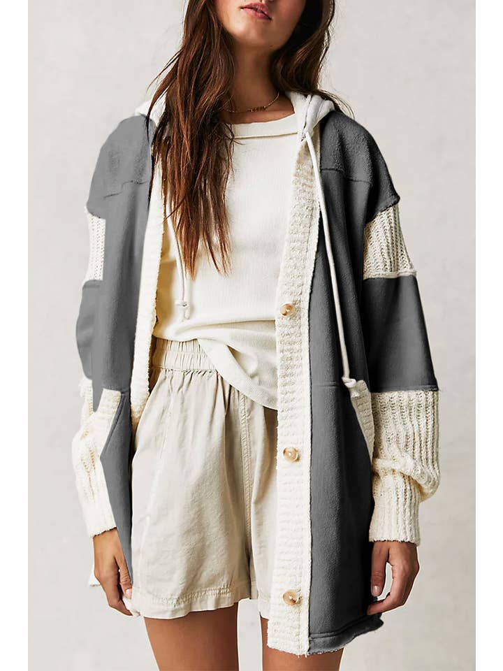 Lovesoft - Wholesale Coat - Women's - Contrast Knit Patchwork Hooded Functional Coat