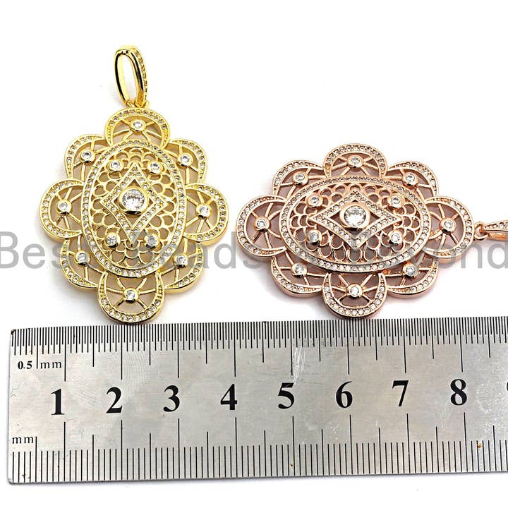 BestBeads&Beyond - Wholesale Individual Charm/Pendant - CZ Clear/Black Micro Pave Symmetric Filigree Flower Pendant, Gold/Rose Gold/Silver/Gunmetal plated, 34x45mm, Sku#F787