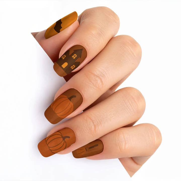 Spooky Sepia Spell Brown Halloween Press-On Nails for wholesale by FYNE BODY