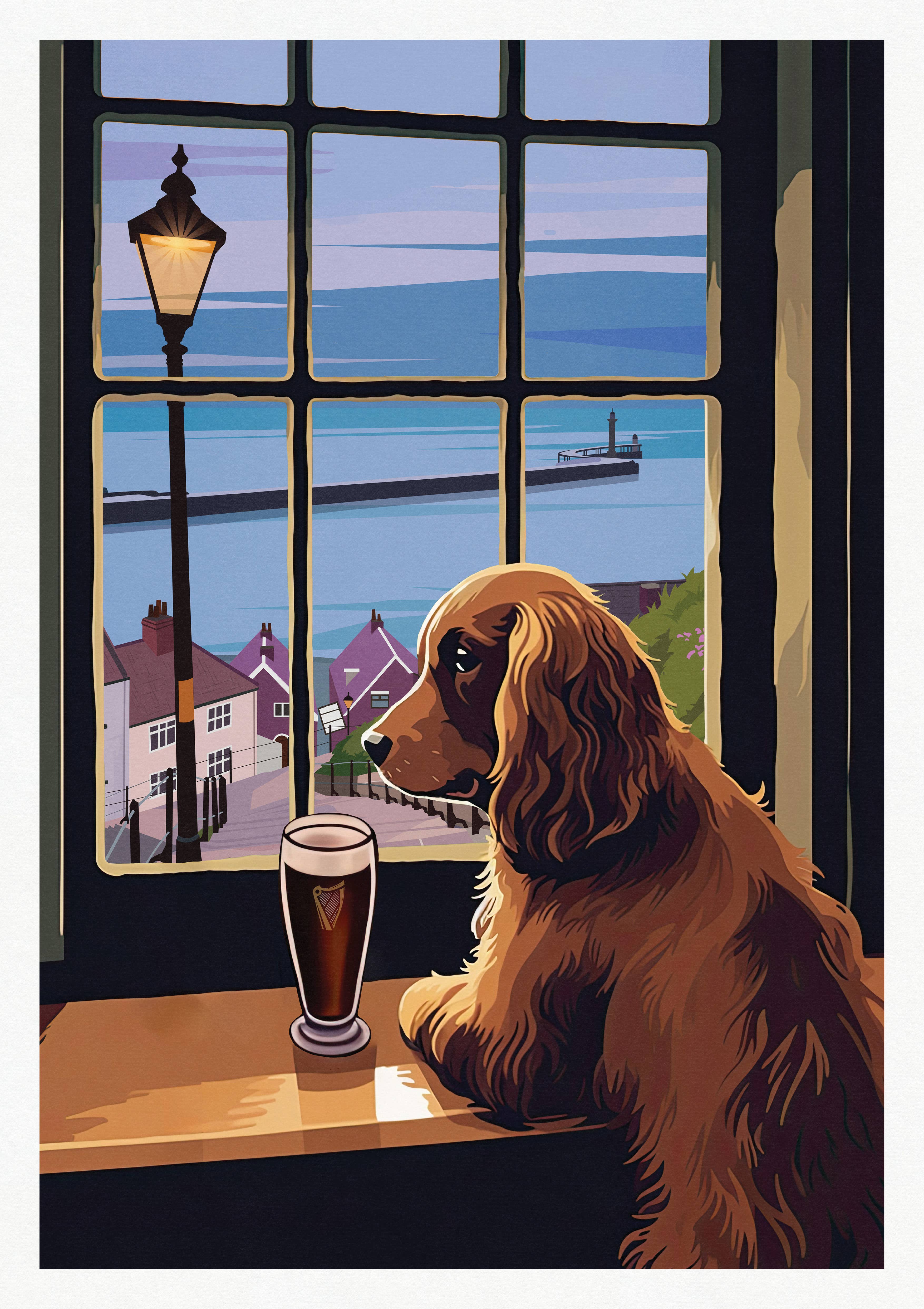 Printagonist – wholesale Art print – Whitby Travel Poster featuring Cocker Spaniel and 199 steps1