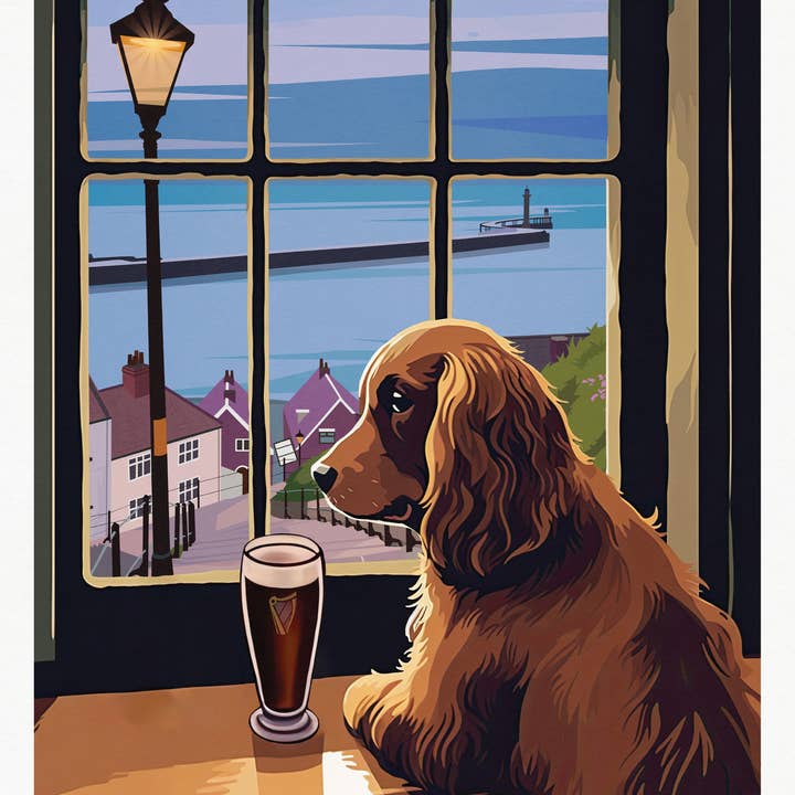 Printagonist – wholesale Art print – Whitby Travel Poster featuring Cocker Spaniel and 199 steps1