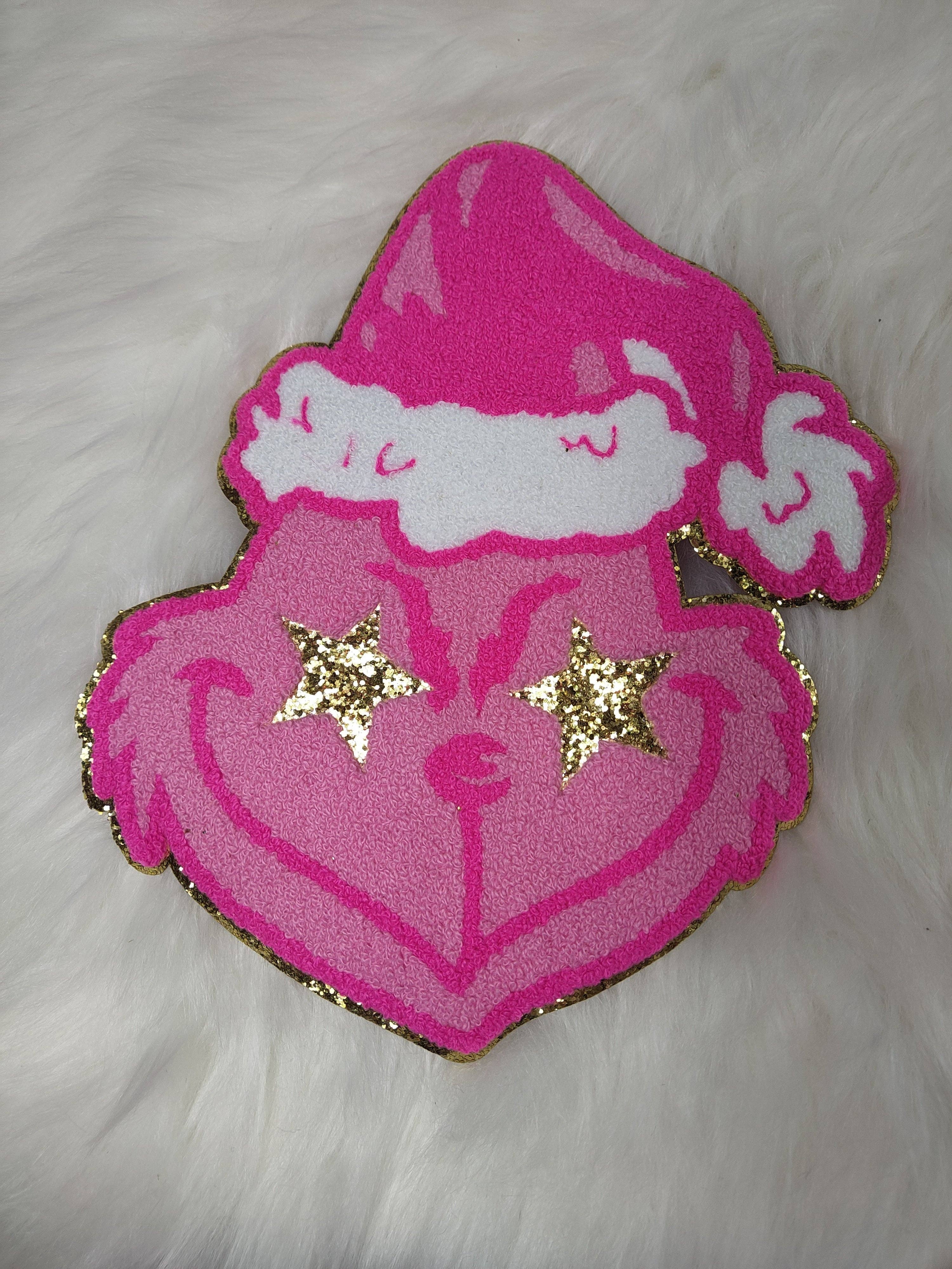 Scratch Decor - Wholesale Patch - Large Hot Pink Mean Green Guy Star Eyes and Gold Glitter