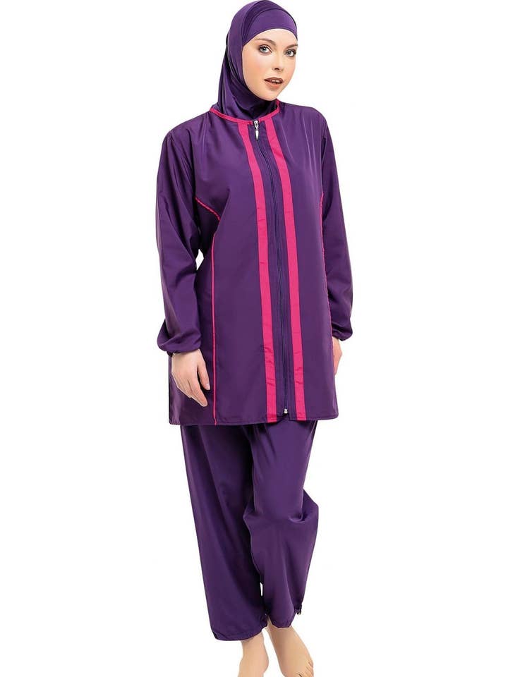 Argisa Burquíni Completo com Hijab, Manga Comprida, com Risca e Pesponto, Roxo por atacado de Argisa