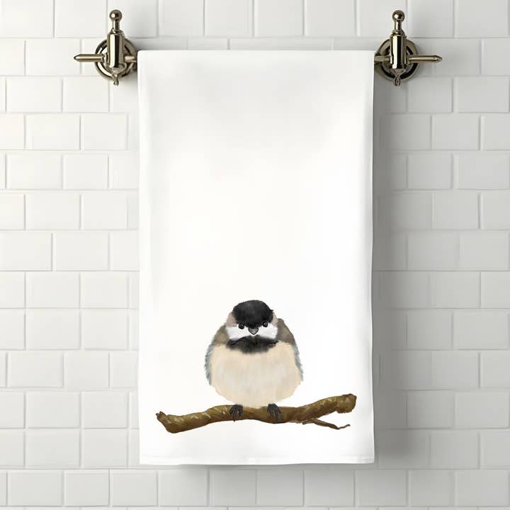 Black-Capped Chickadee Bird Bathroom Towel for wholesale by MerikaArt