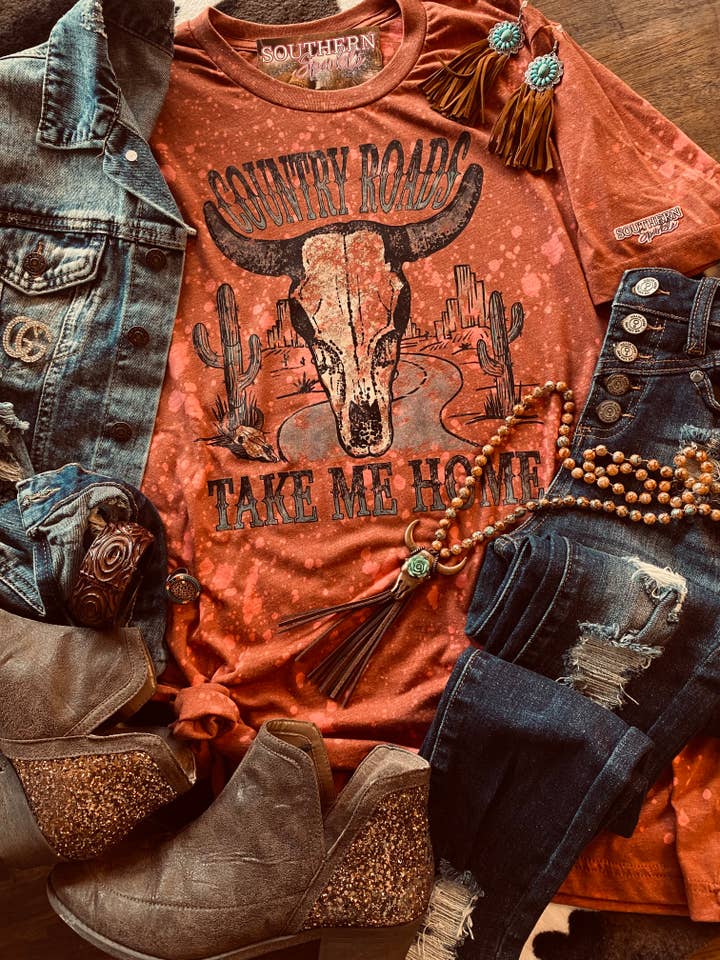 Country Roads - Distressed Western Style Tshirt for wholesale by Southern Fashion