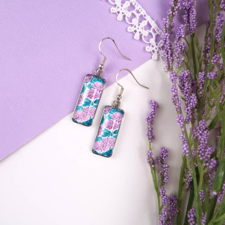 Loretta Belle Art - Wholesale Dangle Earrings - Purple Chrysanthemum Flowers - Glass Pendant Earrings3