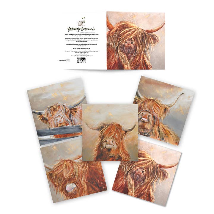 Set of 5 Greeting Cards Highland Cows for wholesale by Wendy Laverick