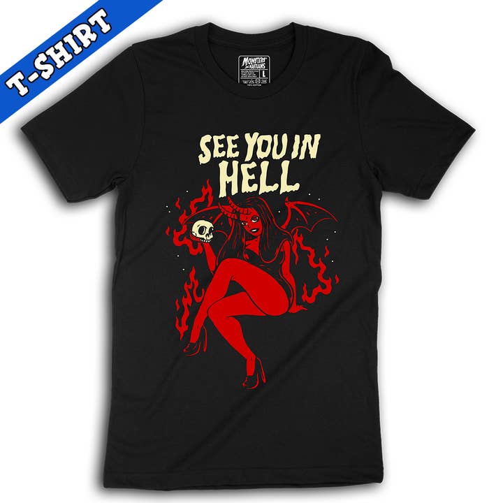 See You In Hell Pin Up Girl Succubus Horror Shirt for wholesale by Monsters and Martians LLC