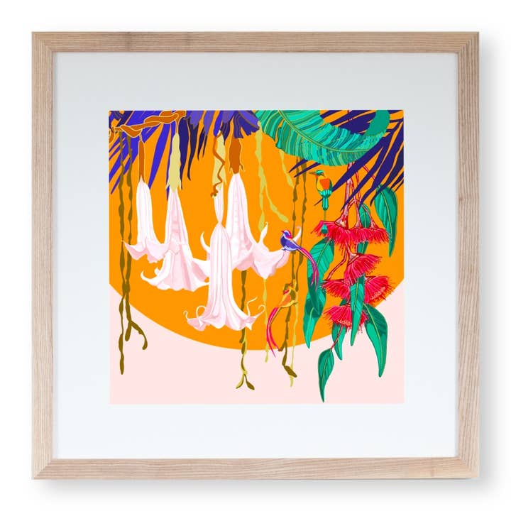Art Print ‘Tropical Canopy and Orange Sun’ 30 x 30 cm for wholesale by Rosie Reiter