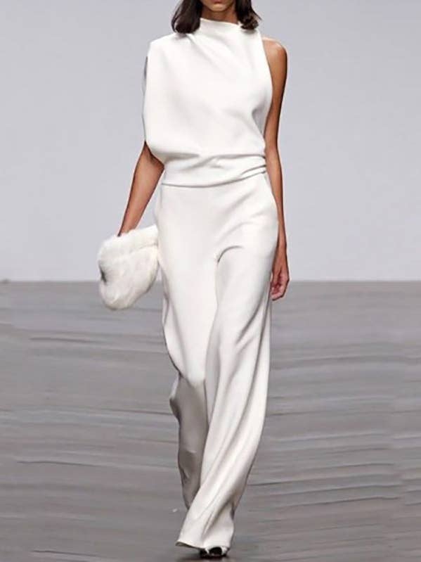 Sheer Trend - Wholesale Top & Pant Set (NOT Loungewear) - Women's - Urban Asymmetric Solid Color One Shoulder Top And Pants Set