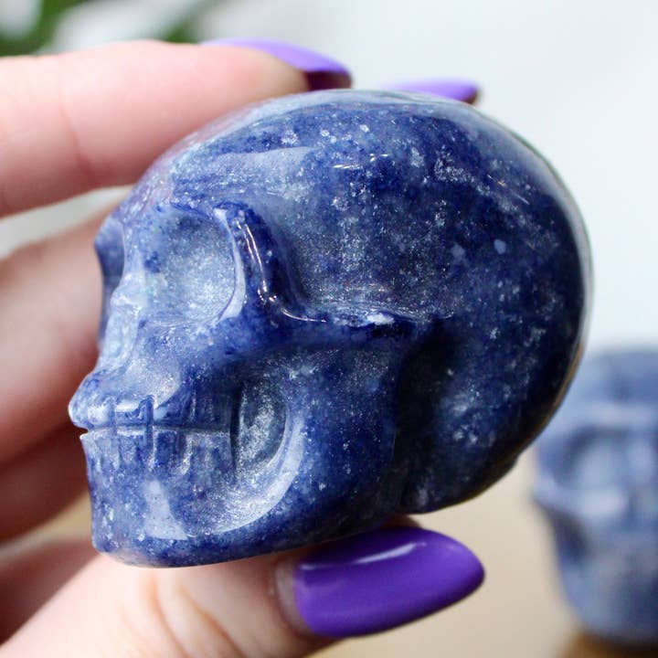 Blue Aventurine Skull – 2.5" Detailed Hand-Carved Crystal Skull Sculpture, Polished Gemstone Display Piece for wholesale by EC Plugs and Gems