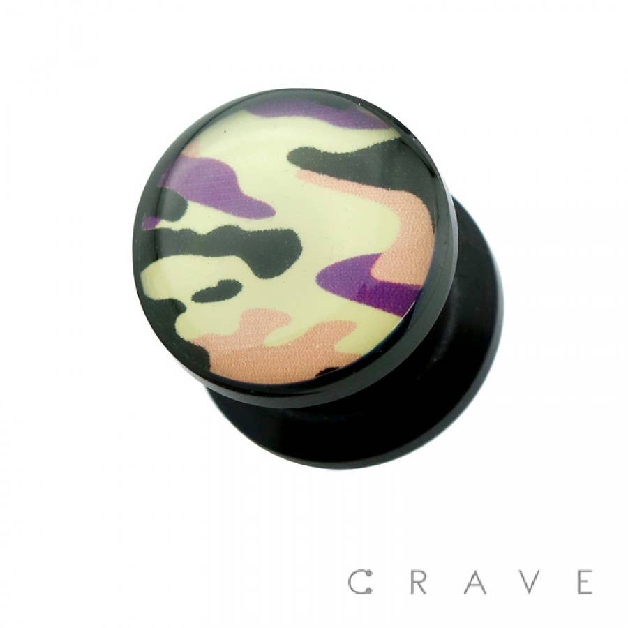 CRAVE - Venta al por mayor Cadena para cara/cuerpo - TAPÓN DE ROSCA ACRÍLICO NEGRO CON ESTAMPADO DE CAMUFLAJE MORADO0