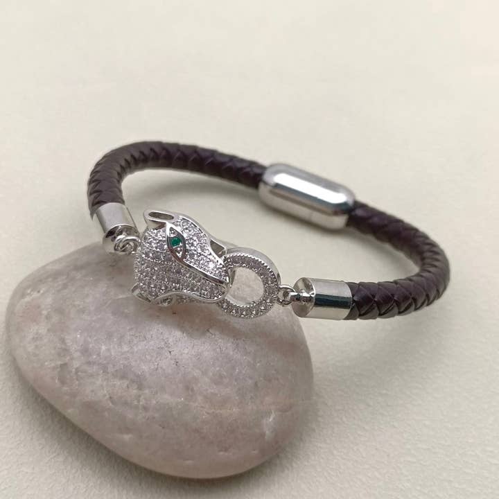 Mio Queena - Venta al por mayor Brazalete - Pulsera de cuero para hombre con incrustaciones de cabeza de leopardo con circonita cúbica, MJ/BC
