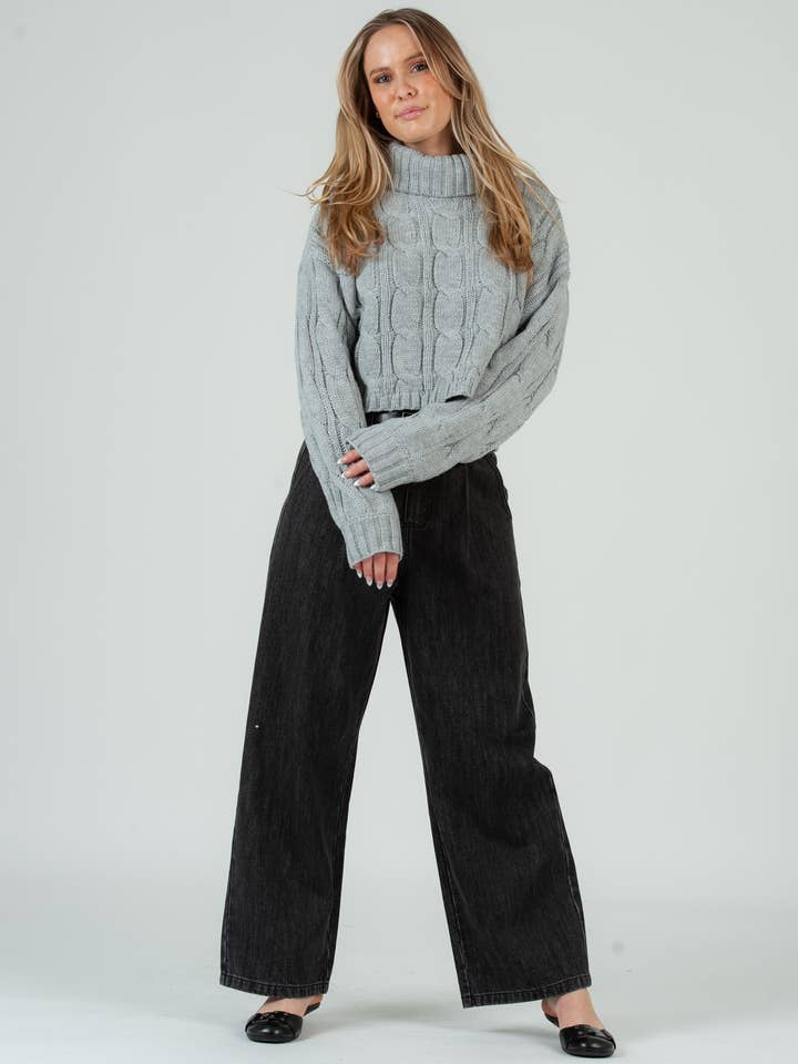 Lucca Couture - Wholesale Knit Sweater - Women's - Cable knit turtleneck sweater in heather grey