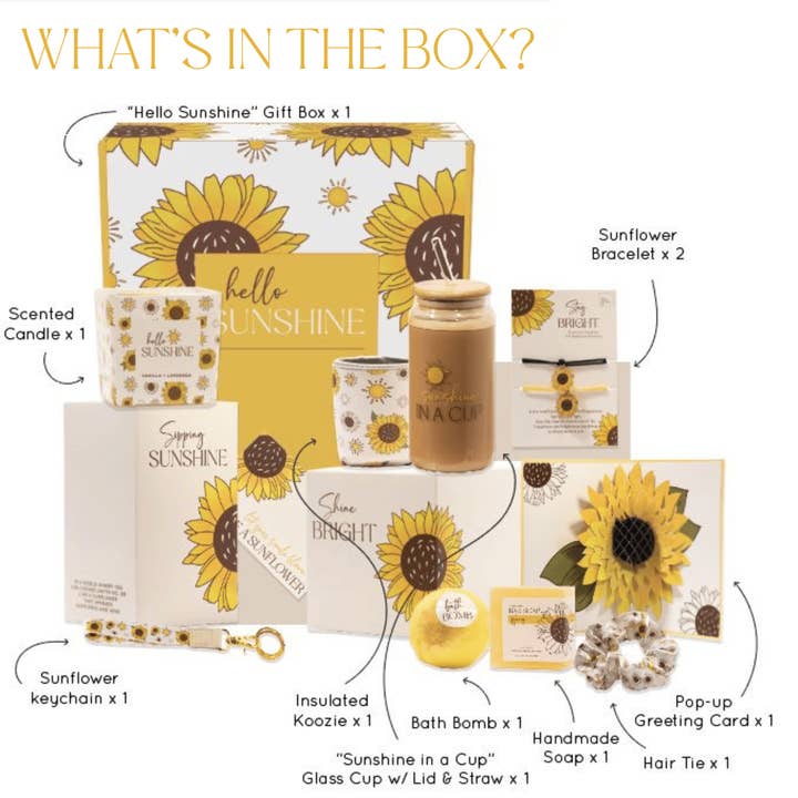 The Love Crate Co. - Wholesale Gift Box - Sunflower Gifts for Women: Birthday, Mother's Day, Get Well Soon Gifts Care Package for Women - Sending Sunshine - Unique Relaxation Gifts Box for Her, Sister, Best Friend - Thinking of You1