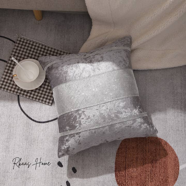 Diamante Sparkle/Bling Silver Grey Colour Crushed Ice Velvet Square Cushion Cover - Design 2 (Set of 2 pcs and 4 pcs) for wholesale on Faire
