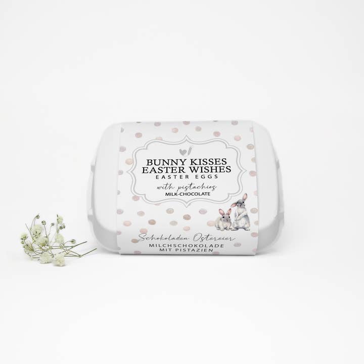 Chocolate Easter Eggs "Bunny Kisses, Easter Wishes" for wholesale by Bake Affair GmbH
