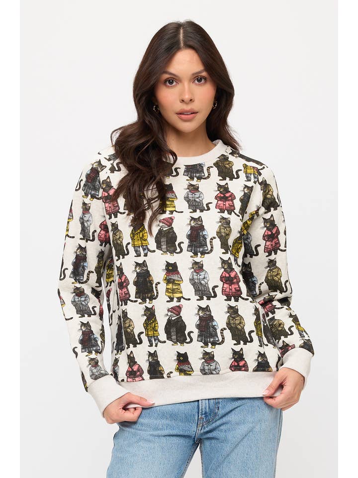 SM WARDROBE - Wholesale Graphic Sweatshirt - Women's - COZY CATS PRINT SWEATSHIRT1