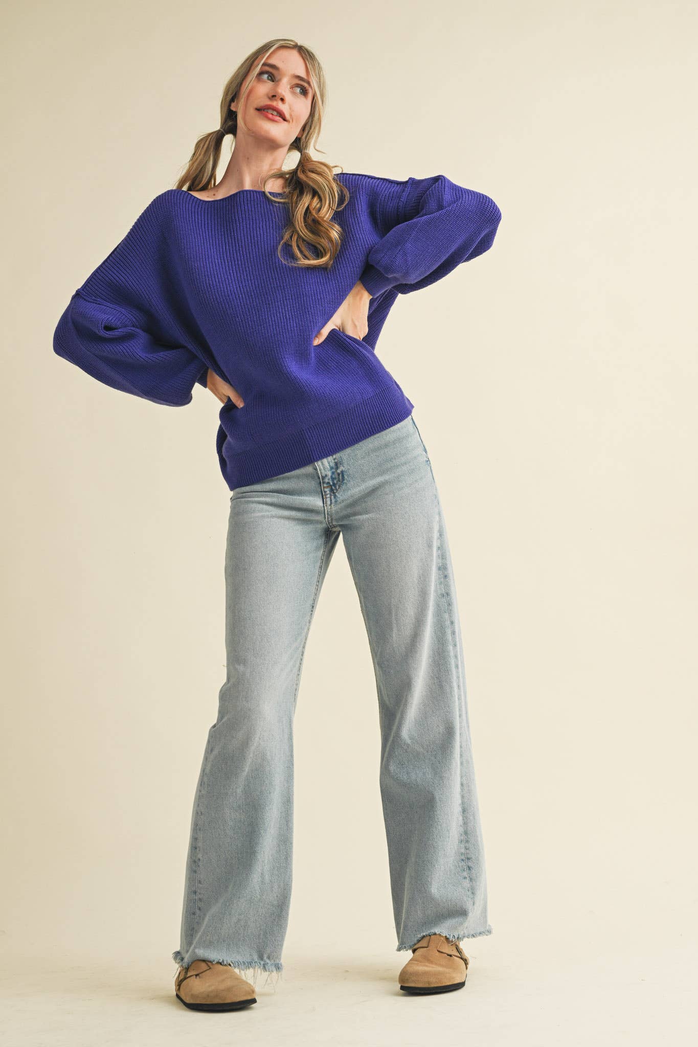 &MERCI - Wholesale Knit Sweater - Women's - BOAT NECK BUBBLE SLEEVE SWEATER MSW814743