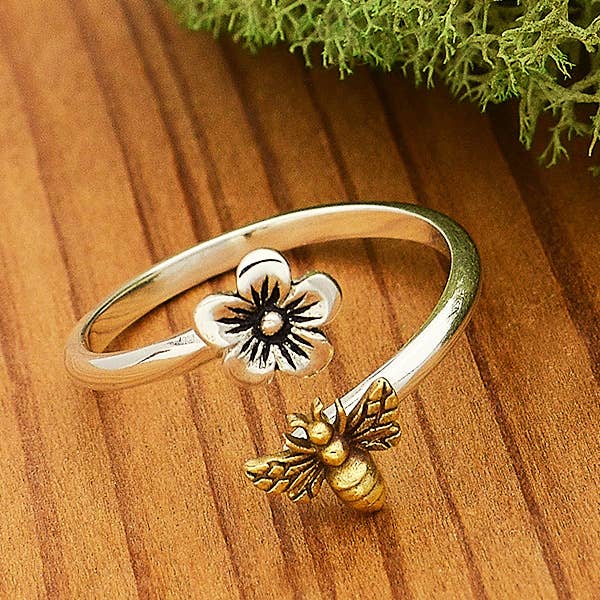 Nina Designs - Wholesale Band/Stacked Ring - Sterling Silver Adjustable Ring - Flower and Bee Ring1