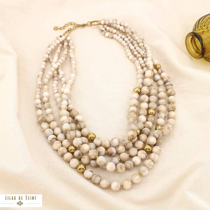 Multi-strand necklace stainless steel marbled resin bead 0125592 for wholesale by Lilas de Seine