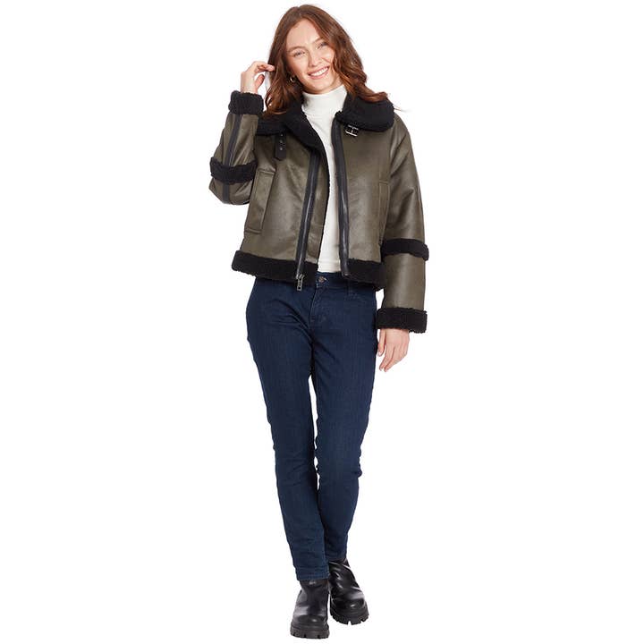 Olive Faux Shearling Bomber Jacket with Zipper and Spread Collar for wholesale on Faire