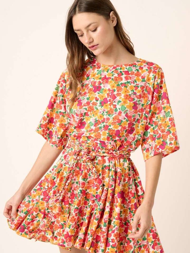 H41320C-FLOWER PRINT GODET PLEATED DRESS for wholesale by mittoshop