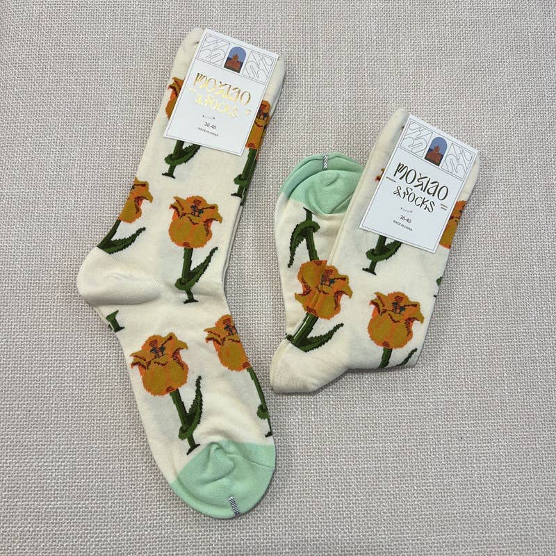 Tourtiwi - Vendita all'ingrosso Calzini - Donna - Calzini alla caviglia con motivo artistico colorato di tulipani e fragole.10