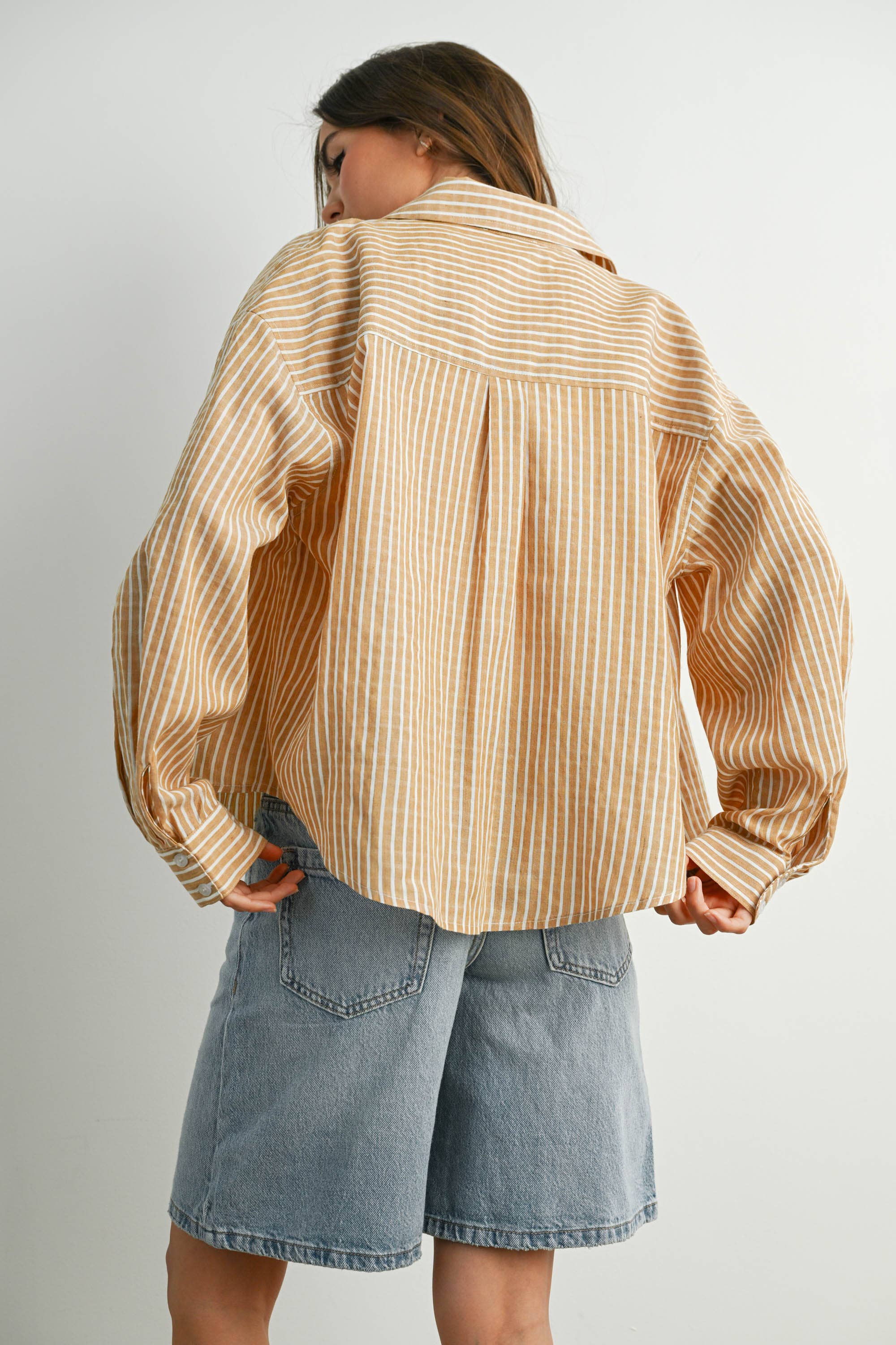 BUTTERMELON - Vente Chemise à col boutonné – femme - Haut à manches longues à rayures et col boutonné raccourci - BMT791523