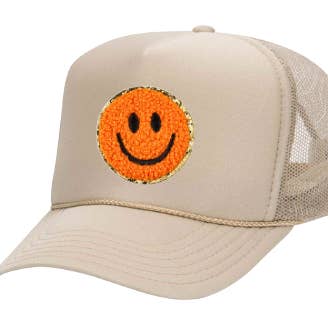 Tan Chenille Smiley Patch Trucker Hat cap fuzzy spring for wholesale by The Candy Collections