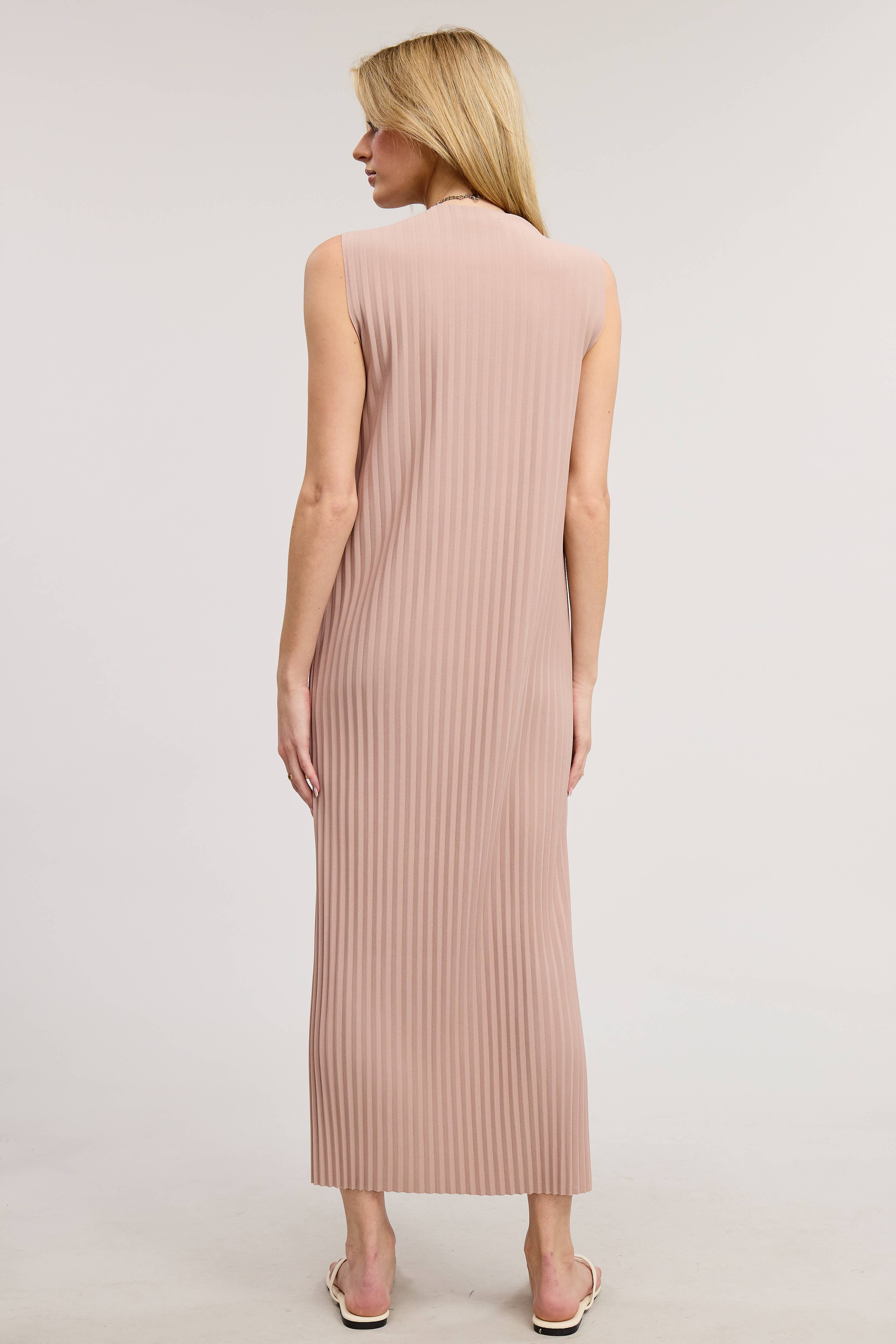 Mimosa - Wholesale Dress - Women's - Sleeveless Pleated Midi Dress with Side Slit11