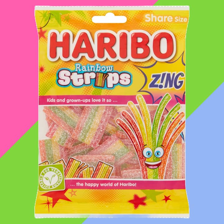 Haribo Rainbow Strips Z!ng Share Bags 12x130g for wholesale by Gaffney's Sweets & Treats Wholesale