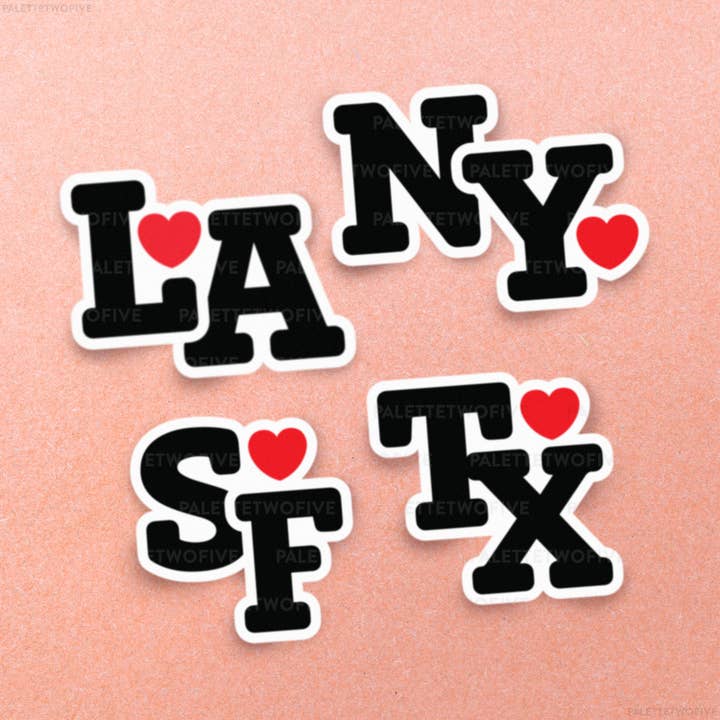 SF Sticker, TX Sticker, LA Sticker, NY Sticker 2.4x2.5" for wholesale by Palette Two Five